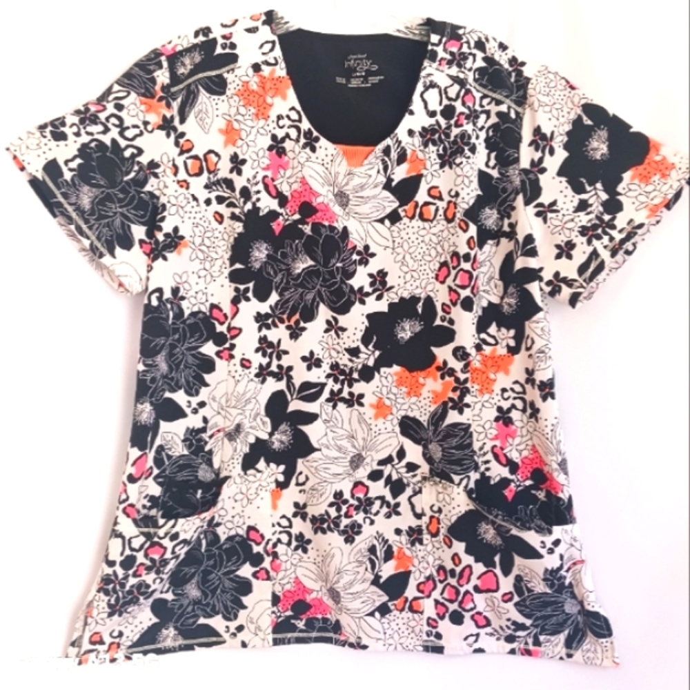 Cherokee Women's Wild Floral Scoop Neck Scrub Top Sz L